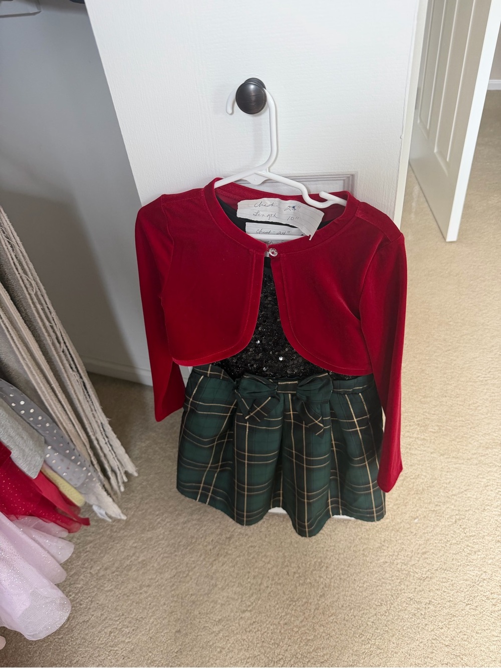 Red Velvet Bolero with Green Plaid Skirt Dress